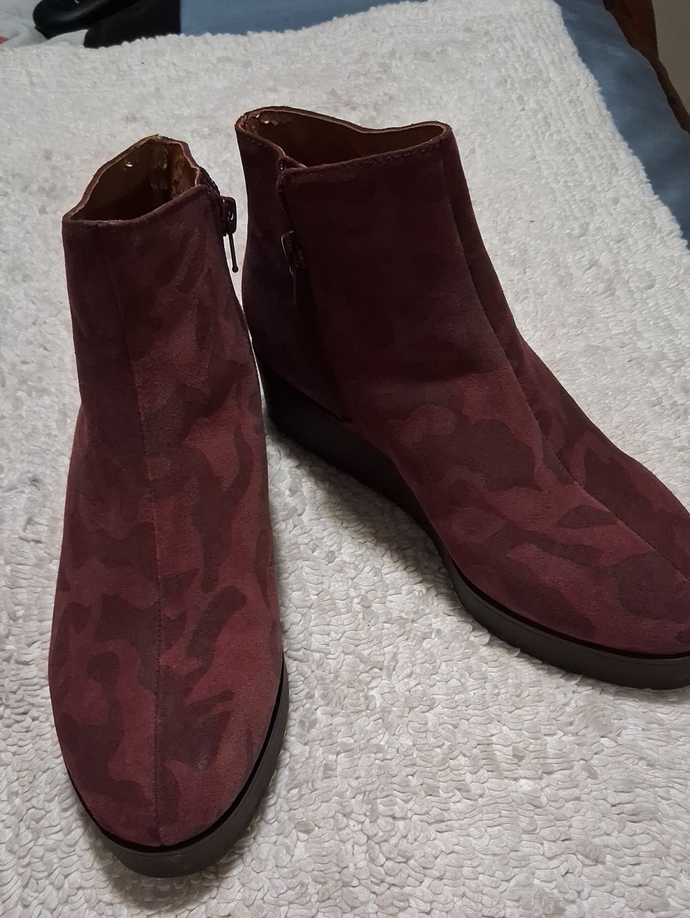 Lucky Brand Burgundy Suede Ankle Booties with Camouflage Detail
